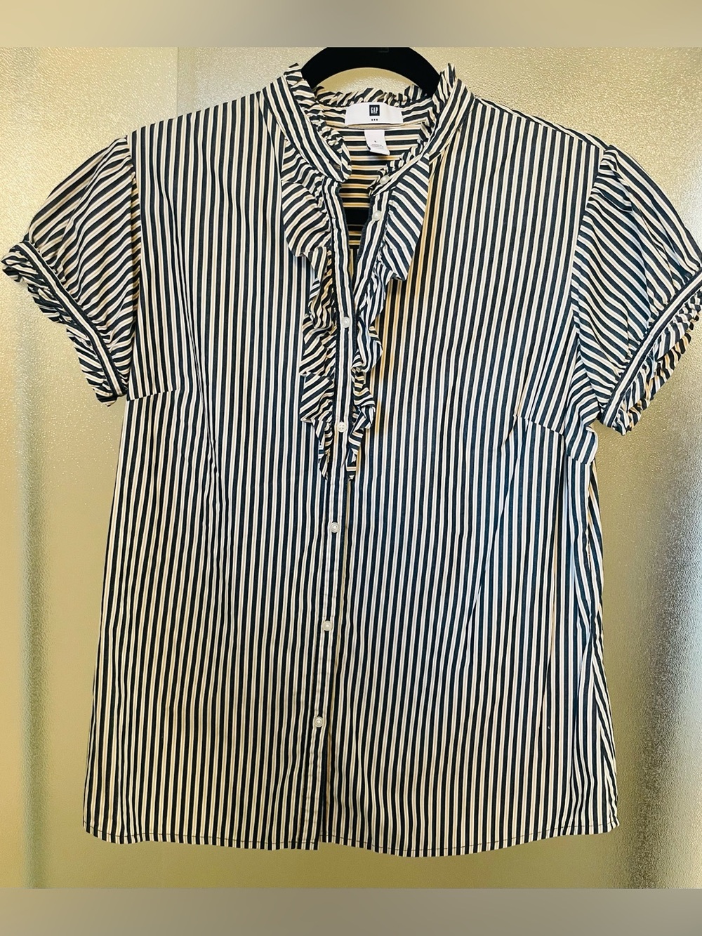 Ralph Lauren Style Navy Yellow & White Striped Ruffle Button-Up Top